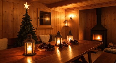 Festive christmas tree and fireplace in cozy wooden cabin with lanterns and pine cones on table