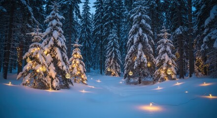 Decorated christmas trees with lights in a snow covered forest at night in winter season scene view