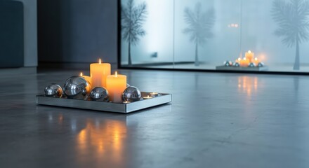 Illuminated candles and reflective spheres arranged on a tray in a modern interior setting scene indoors