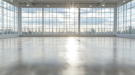 Bright empty modern hall with expansive grid windows Polished concrete floor reflects sunlight Distant city view under a
