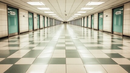 Fototapeta premium Symmetrical urban underground corridor with checkered floor tiled walls many teal doors and bright ceiling panel lights