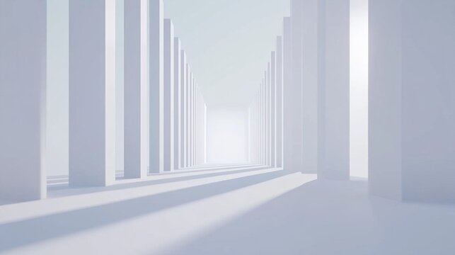 Clean architectural perspective hallway featuring rows of white rectangular columns and long shadows