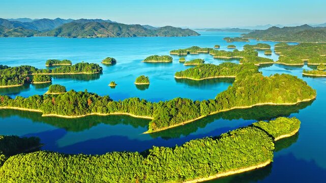 Aerial shot of a beautiful blue lake with numerous green forest islands and mountain range natural landscape in the morning. Famous Qiandao Lake scenery in Hangzhou, China.