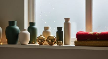 Still life of vases ornaments and blankets on a windowsill with fairy lights behind them