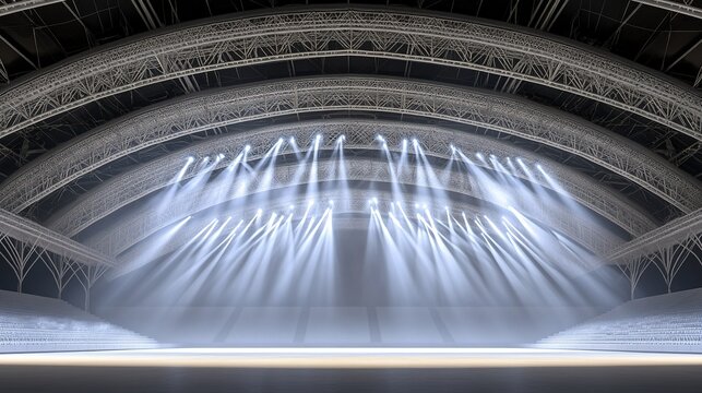 Empty large arena stage brightly lit by numerous powerful spotlights under an intricate overhead truss structure