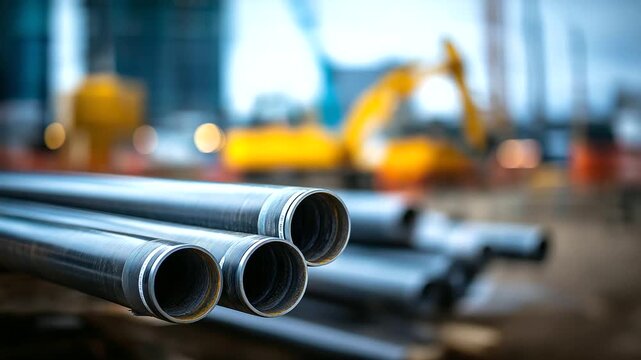 Multiple large diameter pipes on construction site pipeline materials staging area infrastructure project preparation insulated piping construction yard equipment and material