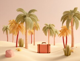 Obraz premium Tropical Getaway - Suitcase Among Palm Trees in a Dreamy Landscape.