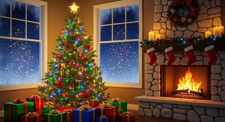 Festive christmas scene with decorated tree presents and a cozy fireplace creating a warm atmosphere