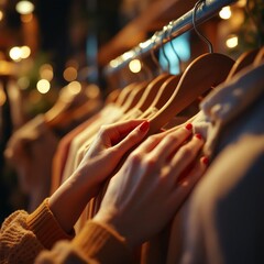 Woman's hands with red nails browsing through clothes on a rack in a cozy, warmly lit boutique or thrift store