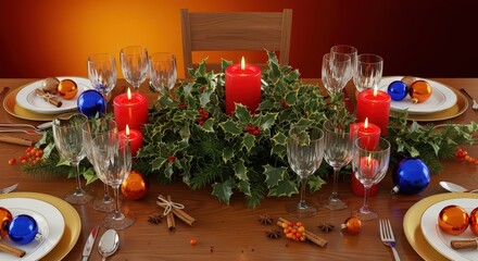 Christmas table setting with red candles holly wreath and ornaments for a festive dinner party