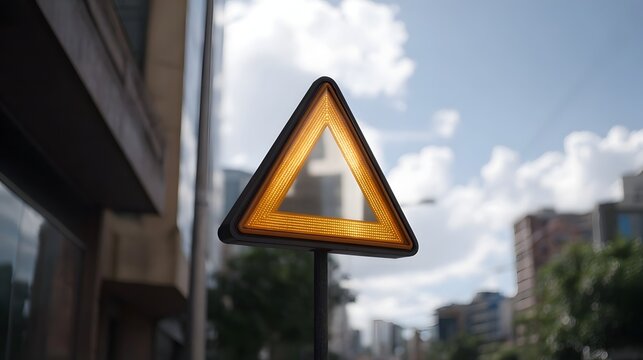 Brightly illuminated triangular warning sign in an urban setting with a blurred street and sky