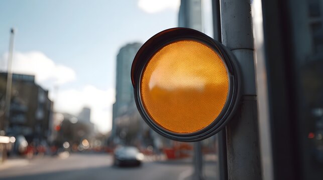 Illuminated yellow traffic signal on a pole against a blurred urban street and cityscape background