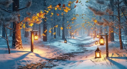 A snowy path lined with lanterns and autumn leaves in a winter wonderland forest scene view