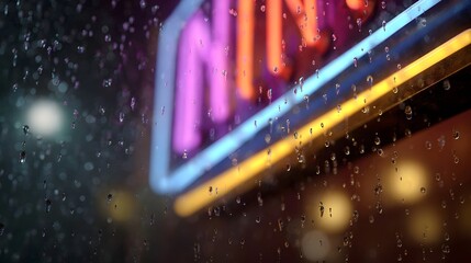 Rainy night scene viewed through a wet windowpane illuminated by the vibrant glow of a colorful neon sign creating a moody urban atmosphere