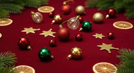 Festive christmas decorations on a red surface with ornaments and dried orange slices spread around