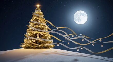 A christmas tree with lights and ribbons under a full moon in a starry night sky landscape
