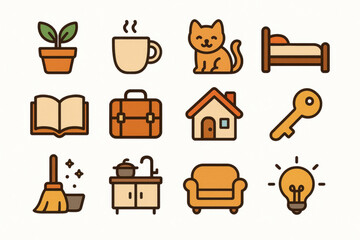 Icônes maison et quotidien en style cartoon pastel, plante, tasse, chat, lit, livre, valise, maison, clé, ménage, cuisine, canapé, ampoule