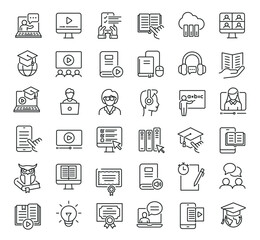 Set of collection line icons related E-Learning. Editable stroke. Perfect pixel on transparent background