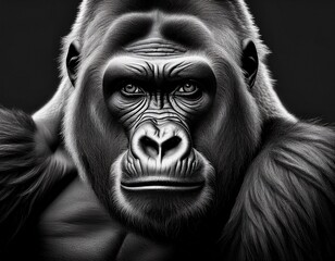 A Majestic Gorilla: Intricate Black and White Portrait Capturing Wisdom and Power in a Powerful Primate.