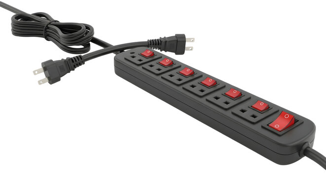 Black power strip with multiple outlets and red switches