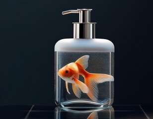 Fish in a Bottle: A Conceptual Image of a Goldfish Swimming in a Hand Soap Dispenser Against a Dark Background