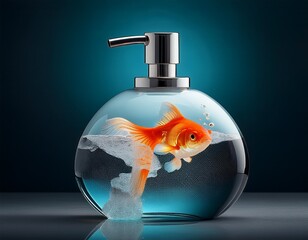 Golden Gaze: An Orange Goldfish Suspended in a Luxurious Soap Dispenser, a whimsical blend of hygiene and aquatic wonder.