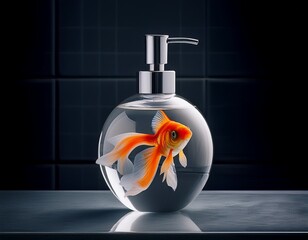 Goldfish in a Soap Dispenser: An Unexpected Aquatic Twist in a Modern Bathroom Setting with Clean Lines and Cool Tones.