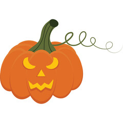 Halloween carved orange pumpkin with glowing yellow eyes and smiling face and curly green stem on a transparent background for autumn festivities
