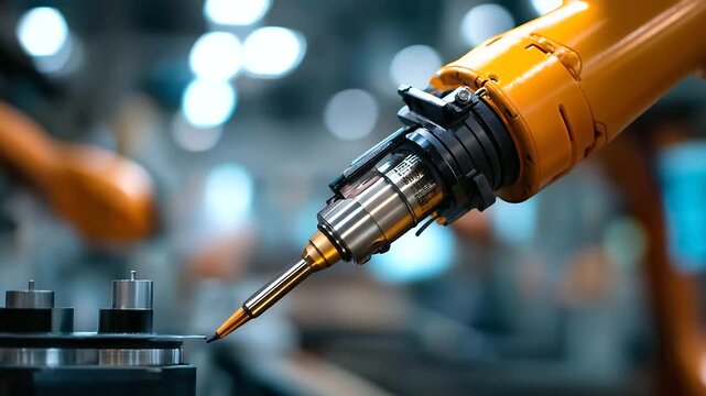 Robotic laser marking system engraving serial numbers on battery housing traceability manufacturing EV component identification automated laser etching orange robot marking