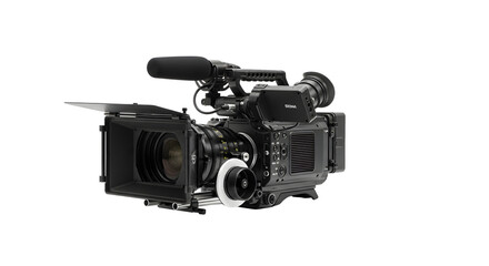 Professional cinema camera with matte box and microphone