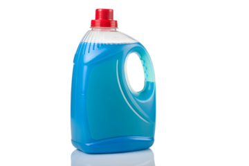 A generic bottle of blue liquid soap with a red cap, isolated on a white background. A minimalist concept for household cleaning and laundry care themes