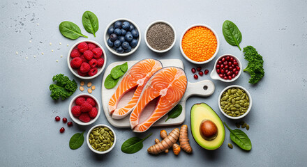 Food, fish, vegetables and fruits, legumes, wine, pasta, cheese, mushrooms, variety of products for a balanced and healthy diet, flat illustration on grey background.