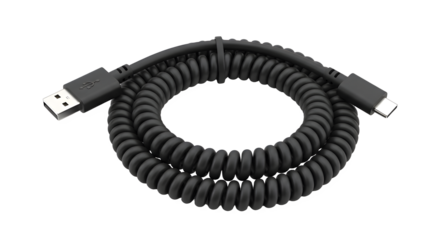 Black coiled usb cable with usba and usbc connectors