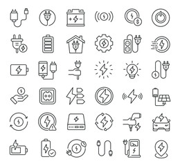 Set of collection line icons related Charging. Editable stroke. Perfect pixel on transparent background