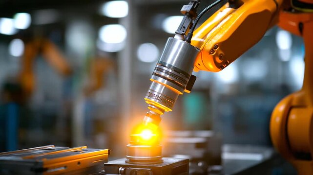 Robotic laser marking system engraving serial numbers on battery housing traceability manufacturing EV component identification automated laser etching orange robot marking