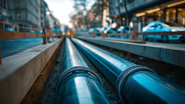 Overhead view of parallel pipes in concrete lined trench urban pipeline construction municipal infrastructure water or heating pipes construction zone city street excavation