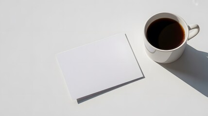 Minimal Coffee Workspace with Note Card Mockup on Clean White Background