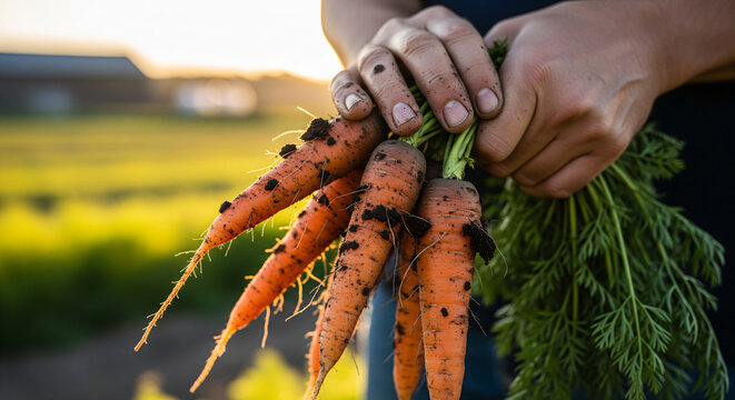 Freshly harvested carrots with soil still on roots held in farmer hands. Natural background with green foliage emphasizes organic farming, gardening, and healthy food themes.