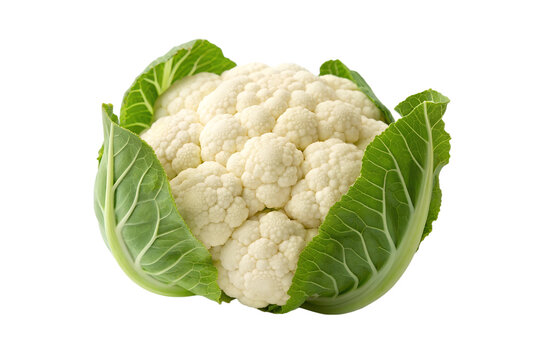 Fresh, whole cauliflower with vibrant green leaves, isolated on a clean white background, showcasing its intricate texture and healthy appeal