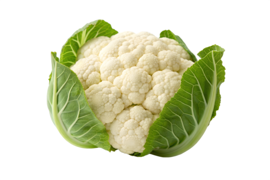 Fresh, whole cauliflower with vibrant green leaves, isolated on a clean white background, showcasing its intricate texture and healthy appeal