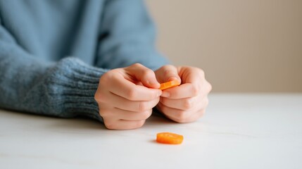A person's hands holding and playing with small pieces of carrot. Vegetables is a must have component of a healthy nutrition. Carrots