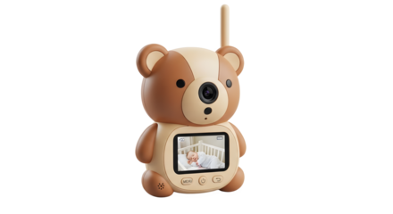 Baby monitor shaped like a teddy bear showing a sleeping baby in a crib