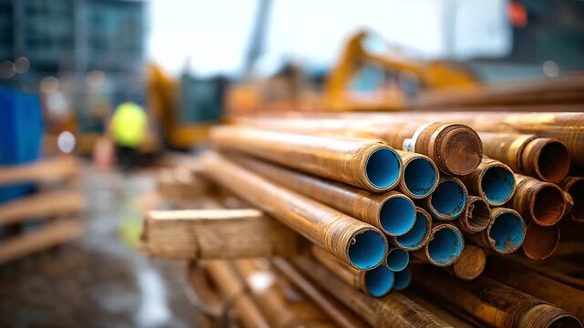 Stacked pipes at construction staging area material inventory infrastructure project supplies various diameters visible construction logistics equipment yard defocused behind