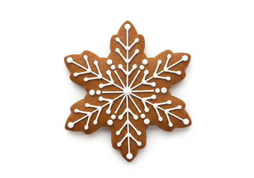 Gingerbread snowflake cookie with white icing, a festive treat for the holidays isolated on white