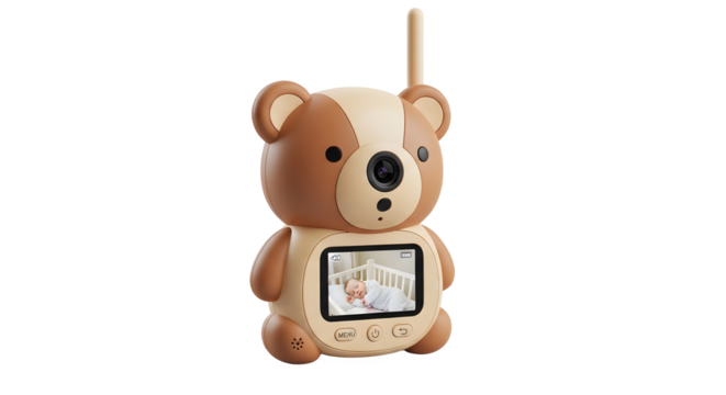 Baby monitor shaped like a teddy bear showing a sleeping baby in a crib