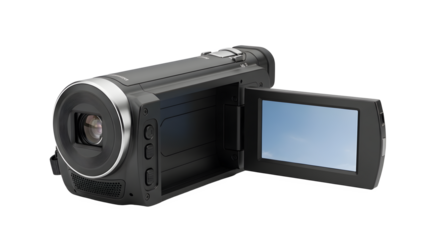 Black camcorder with the screen open displaying a blue sky ready for recording