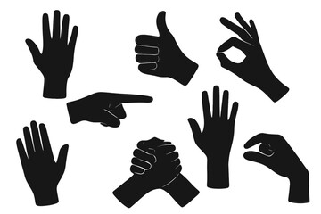 Fototapeta premium Silhouetted Hands Gestures. Collection of silhouetted hands captured in various gestures, each expressing a unique form of communication. The hands are strategically. Vector illustration