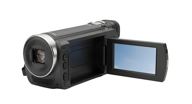 Black camcorder with the screen open displaying a blue sky ready for recording
