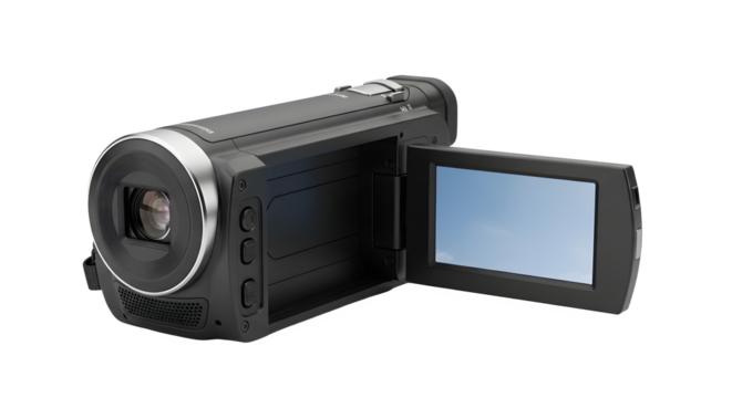 Black camcorder with the screen open displaying a blue sky ready for recording