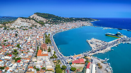 Panoramic aerial view of the town and port of Zakynthos island, Ionian Sea, Greece, during a sunny summer day
